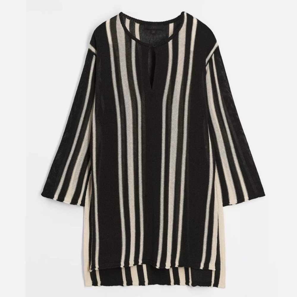 Zara Black Ivory Striped Boho Tunic Long Sleeve Minimalist Beach Women’s Large - Picture 7 of 12